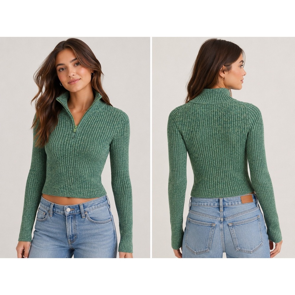 Aerie Green‎ Marled Ribbed Quarter Zip Cropped Sweater Small S Pullover